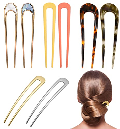 VEGCOO 8 Pcs Épingles à Cheveux U Bâton, Piques à Cheveux Tortue en Acétate de Cellulose, Français Épingle à Cheveux en Métal Broches Épingles à Chignon pour Femmes Filles