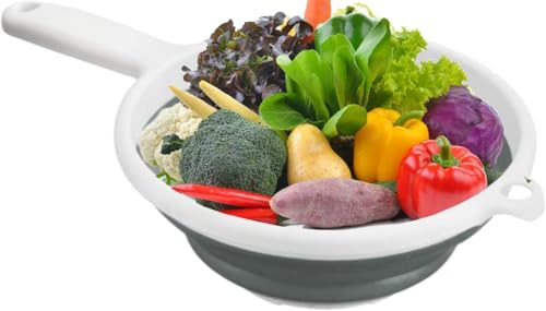 Collapsible Colander with Handle Space Saving Heavy Duty Kitchen Strainer Foldable Assorted Color Food Grade Silicone Drain Basket for Draining Noodles Spaghetti Vegetables Rice Pasta and Fruit 1pcs