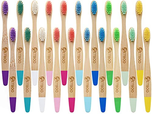 ECOETBOO Spazzolini da denti in bambù per bambini, confezione da 20, spazzolino da denti per bambini, setole morbide colorate, pittura ecologica, biodegradabile, manico in legno impermeabile, spazzoli