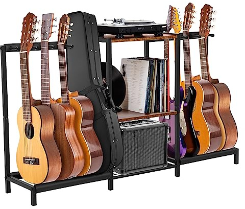 Nisorpa Metal Guitar Stand for 8 Guitars,Floor Guitar Holder with 3-Tier Wood Storage Shelf Multiple Guitars Rack,Display Guitar Amp Stand For Music Studio Acoustic Electric Guitar Bass