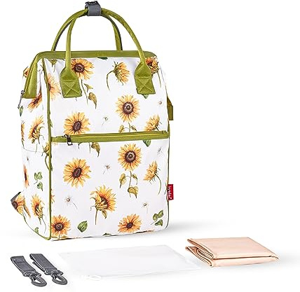SONARIN Große Kapazität Stilvolle Baby Wickelrucksack Wickeltasche,Multifunktionale Wasserdichte Babytasche Reise Wickeltasche Rucksack mit Wickelunterlage & Kinderwagen Haken(Sonnenblume)