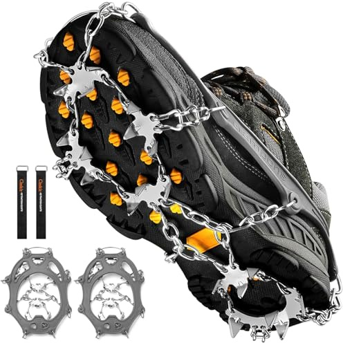 Grödel Steigeisen für Bergschuhe mit 19 Zähne Verdickte Schuhkrallen aus Edelstahl Anti-Rutsch Schuhspikes für Mann Frau Erwachsene Kinder Fit für Wandern Trail Running Trekking