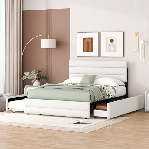 Sapgaks Cama Nido 140 x 200 Dos Camas,Cama Matrimonio,Cama Doble con Espacio de Almacenamiento,Cama Plegable con Dos cajones,Beige