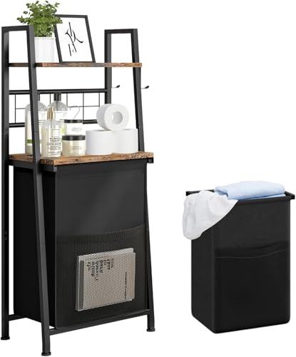 Taotigzu - Cesta de lavandería con 2 estantes de madera y ganchos, cesta de ropa sucia con bolsa extraíble y extraíble, cesta de ropa sucia con bolsa separada para cuarto de baño, Ch