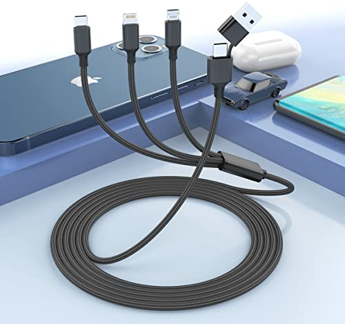 Multi Charger Cable, USB A/USB C 5 in 1 Fast Charging Cable Nylon Braided Cord with iPhone Micro USB Type C Connector for iPhone 16 Pro Max 15 14 13 12 11 8 7 6 Android Samsung Galaxy Huawei Xiaomi 3M