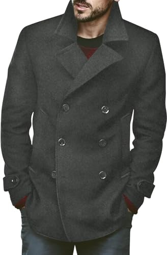 Runcati herr klassisk dubbelknäppt kappa slim fit vinterjackor casual lång jacka varm business trenchcoat, Mörkgrå, XL