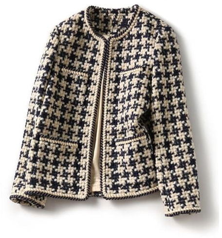 FM2018XSL kvinnors tweed blazers jackor, öppen framsida rutig tweed kostymjacka, elegant affärsjacka vår höst vinter, Svart, XL