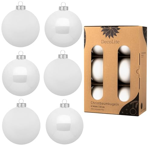 DecoLite Weihnachtskugeln Glas 10 cm, 6er Set, Weiß Matt-Glänzend | 6 Glaskugeln Ø 10 cm, innen echt versilbert, inkl. S-Aufhänger 3,8 cm, plastikfreie Kartonbox