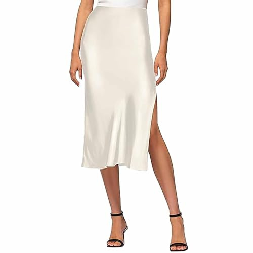 Gonna al ginocchio da donna midi in seta satinata a vita alta e gonna midi con elastico in vita, elegante e graziosa mezza gonna da donna, bianco, XL