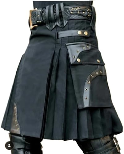 MTKSFDC skotsk kjol herr äkta svart och rött läder gladiator kilt med platta frontpaneler skotska kilts användbarhet