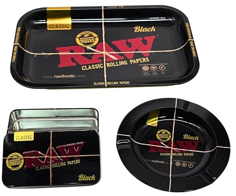 Zactly - Kit vassoio 3 in 1 RAW – Vassoio per rollare, posacenere Emerald 20th Anniversary Edition e scatola nera – Set di metallo di alta qualità per accessori per rotolamento, stoccaggio e