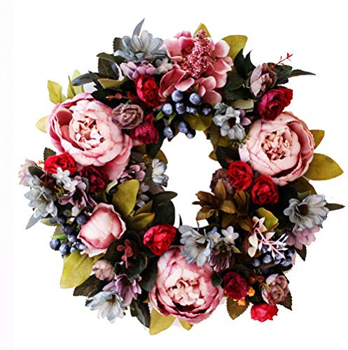 Oytrui Pfingstrosenkranz, Handgefertigte Künstliche Frühlingsgirlande mit Rosen und Pfingstrosenblättern für Tür-Wand-Hochzeits-Weihnachtsdekoration, 35 cm Außendurchmesser