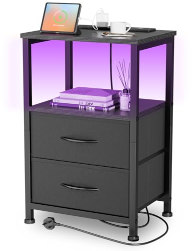 Yornoli Bedside Table with Charging Station 40cm Wide Bed Side Table for Bedroom with Fabric Drawers Small End Tables with Led Lights for Living Room Small Spaces (Black, 1 PC)