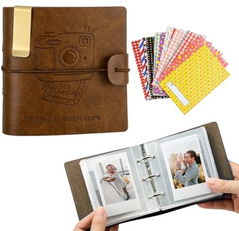Mini Photo Album, Small Photo Album, 50 Pages for 100 Photos, Includes Metal Decor Clip and 20 Photo Decoration Stickers, Compatible with Mini 8 9 90, Z2300, Brown
