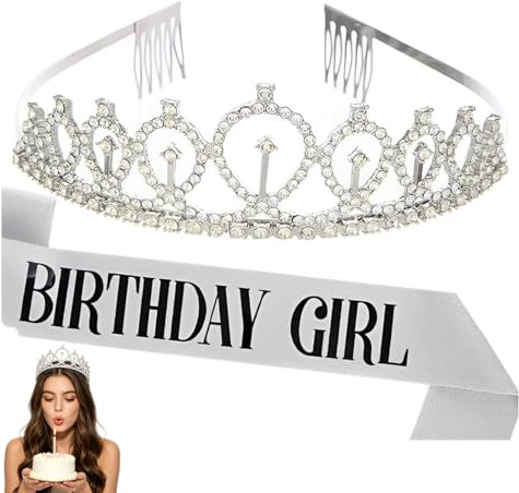 Androxeda Corona y Fajín de Cumpleaños para Mujer, Corona de Cumpleaños para Adultos, 1 Pieza, Plata, Accesorio para Fiesta, Celebración y Fotografía