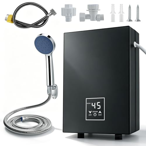 Scaldacqua istantaneo piccolo, 5500 W, 230 V, scaldabagno elettrico regolabile 30-55 °C, mini scaldabagno per cucina, bagno, IPX4, acqua calda istantanea, con sistema doccia (nero)