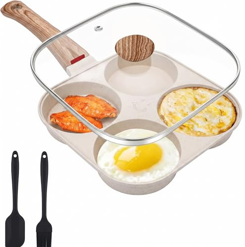 KELVYNTA Spegelpanna med lock, 4 håls pannkakspanna, non-stick aluminiumpanna för induktionsspis och gasspis, för frukost stekta ägg, hamburgare