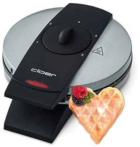 Cloer 1629 Waffeleisen für klassische Herzwaffeln, 930 W, Waffelgröße 15,5 cm, stufenlos wählbarer Bräunungsgrad, Metall, Silber