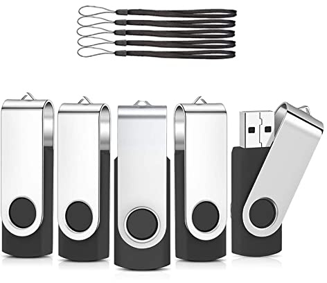 AreTop USB Stick 32GB 5 Stück, 360° drehbar USB 2.0, Schwarz | USB 2.0 Plug-and-Play, kompatibel mit PC/Laptop/Tablet/Auto/TV/Spielekonsole, inklusive 5 Lanyards