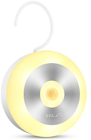 ELZO Luces LED, Luz de Noche Armario con Sensor Movimiento, Luz Nocturna Recargable, Luz Cálida con Gancho Integral e Imán para Armario, Pasillo, Escalera, Sótano, Cocina, Garaje, Gabinete y Baño