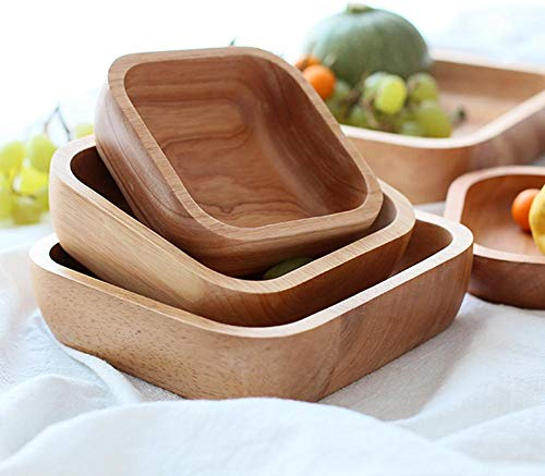 SAGIUSDM Bol de Madera Cuadrado Juego de ensaladeras de 4 tamaños, Grande Plato de Madera pequeño Snack Postre Platos para Servir Contenedor de Alimentos Vajilla de Madera, XL 21cm