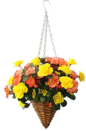 Home And Outdoor Decoration DIY Artificial Champagne And Yellow Big Azalea Flowers Silk Azalea Chain Hanging Wicker Cone Hand-woven Basket