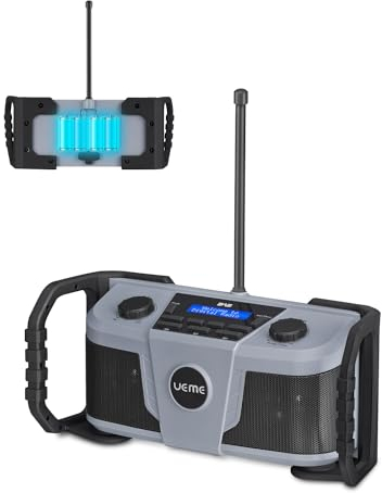 Baustellenradio DAB FM Radio Mit Akku, Digitalradio DAB+ mit Bluetooth 5.0, Aux, und Wecker und Dimmer, Robustes, Akku- und Netzbetrieb Outdoor Radio (Grau)