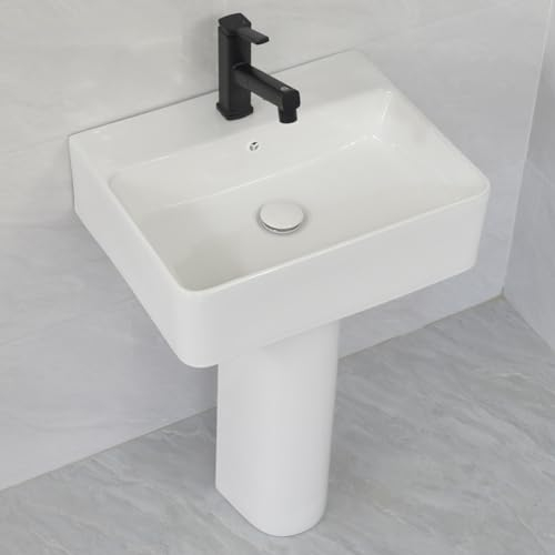 Keramik-Standwaschbecken für Badezimmer, traditionelles Standwaschbecken, glänzend weißes Standwaschbecken, mit heißem und kaltem Wasserhahn, Waschbecken für Garage, Garten