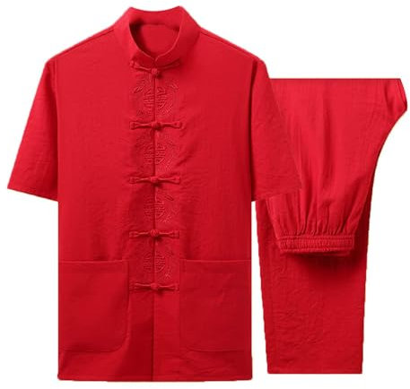 PTATT Tang Anzug Männer Hanfu Chinesische traditionelle Kleidung Kung Fu Hemd Uniform Kurzarmant Spots und Hosen red-M