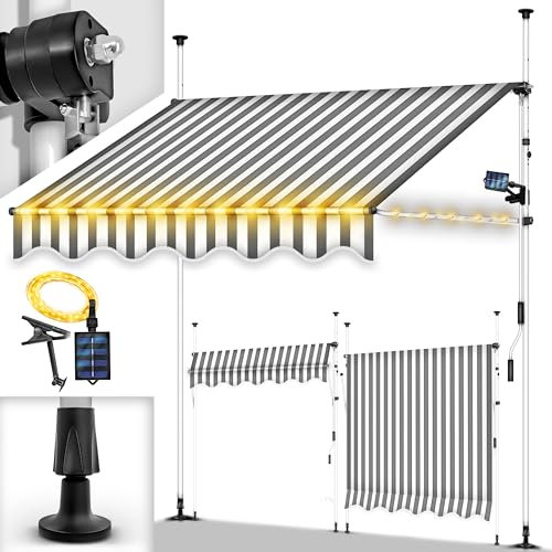 tillvex Tenda da Sole a Bracci con Manovella | Protezione Balcone, Regolabile, Senza Forare, a Manovella | Tenda resistente per Esterno (200cm, Grigio/Bianco con LED)