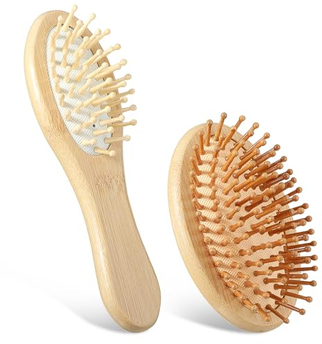 Andibro 2pcs Bambus Massagekamm Set, Hölzernes Kopfhautmassagegerät Hölzerne Haarbürste Tragbar Rund Tragbar Massagekamm Antistatische Luftkissen Haarbürste für Alle Haartypen