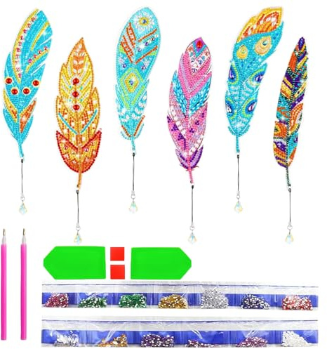 Kujinova Diamond Painting Kinder, DIY Diamond Painting Bookmark 6 STK, 5D Diamant Painting Lesezeichen Feder Kinder ab 6-12 Jahre, für Anfänger Schule DIY Kunsthandwerk Geschenk (B)