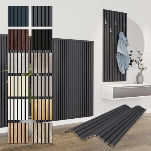 HEXIM Akustikpaneler, 138,5 x 60 cm, flexibel lamellvägg, MDF-trä, ljudisolerande väggpaneler, väggbeklädnad, (4 paneler/3,32 m², svart (Black Lead) – APH05)