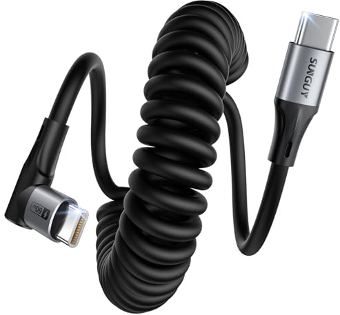 SUNGUY Cavo USB C a USB C Spirale, 2 pezzi 2M【Estensibile: 0,6m-1,5m】 Cavo di ricarica per auto per telefono Android a 90 gradi per iPhone 16/15 Plus Pro Max, Galaxy S24 Ultra S23