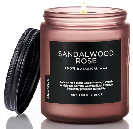 ​M&SENSE Sandelholz Rose Duftkerze (200g, 50h) – 2-Docht Intensive Holznote – Natürliche Sojawachs-Kerze – Langanhaltend für Zuhause – Geschenk für Männer & Frauen​