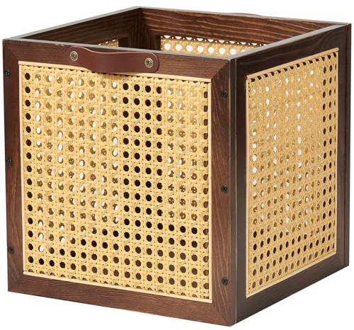 VinneGenzz Rattan Storage Cubes Wooden Storage Baskets Boxes Decorative Natural Handmade Bohemian Solid Wood Woven Wicker Cane Bin Closet Shelf Clothes Organizer Books Magazine Holder (Walnut)
