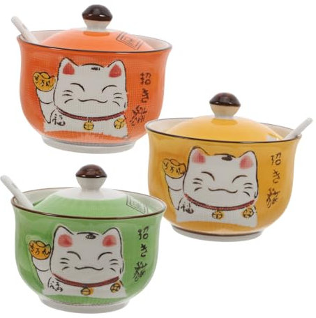 Cabilock 3pièces Lot De Pots à Épices Céramique Forme Chat Sucrier Sel Condiments Avec Couvercles Et Cuillères Décoration Cuisine Moderne