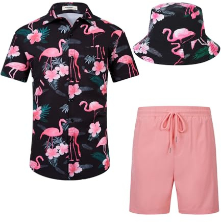 SPKPKEY Set camicia hawaiana da uomo e pantaloncini, vestibilità regolare, maniche corte, abbigliamento casual da spiaggia con cappello alla pescatora S-XXL, Fenicottero nero/rosa, XL