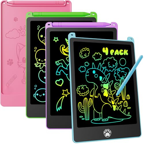 Electight LCD skrivtavla 4-pack, 8,5 tums surfplatta för barn och vuxna, raderbar, återanvändbar skrivritblock, med låsbar raderingsknapp, blå, rosa, violett, grön