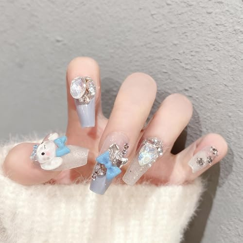 24pcs Square French False Nails, Baby Blue Stick on Nail with Cute Bow Design,Glossy Full Coverage,Removable Glue-on Nails Fake Nails for Women Nail Art (Baby Blue,Cute Bow)