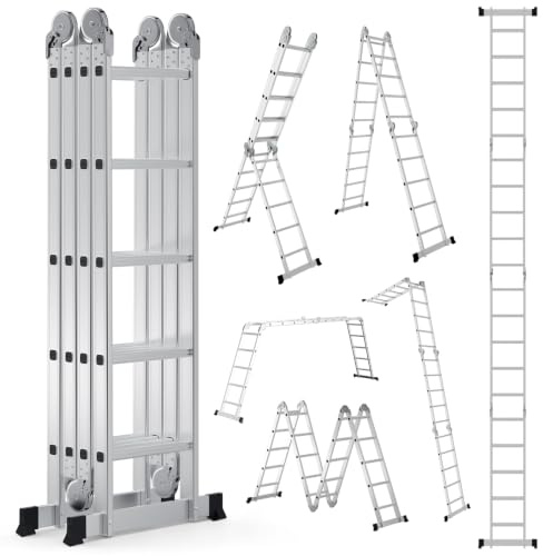 Monucep Multifunktionsstege 4 x 5 steg 578 cm, 7-i-1 aluminium multifunktionsstege upp till 150 kg, vikstege ledbelysning mångsidig stege hushållsstege