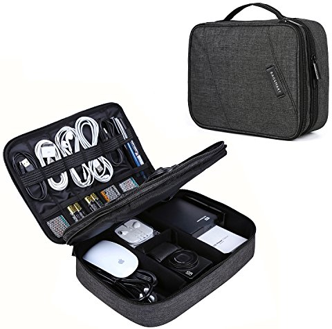 bagsmart Elektronische Tasche, Doppelte Schichte Elektronik Organizer Reise für Kabel, Ladegerät, Ipad, Ipad Air, Tablet bis zu 10.5 Zoll, Adapter, Maus, SD Karten (Anthrazit)