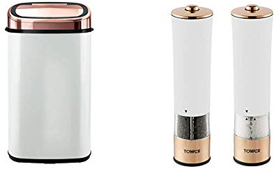 Tower T80904RW Kitchen Bin Sensor Lid, Touchless for Hygienic Waste Disposal, Infrared Technology, 58 Litre, White and Rose Gold & T847003RW Electric Salt and Pepper Mills, White, 5.6 x 5.6 x 22.5 cm