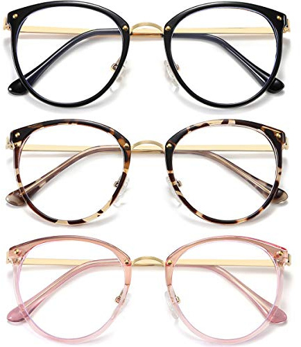 Hilbalm (3 Pack Blue Light Blocking Glasses Women and Man Computer Eyeglasses Metal Frame Glasses (Black, leopard, pink)