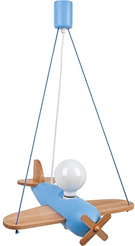 HELLUX Kinderzimmer Lampe Decke aus Holz | Deckenleuchten für Kinder | Kinderlampe Decke 70x42x41cm für Babyzimmer | Flugzeug Lampe E27 ohne Leuchtmittel (Blau/Naturholz)