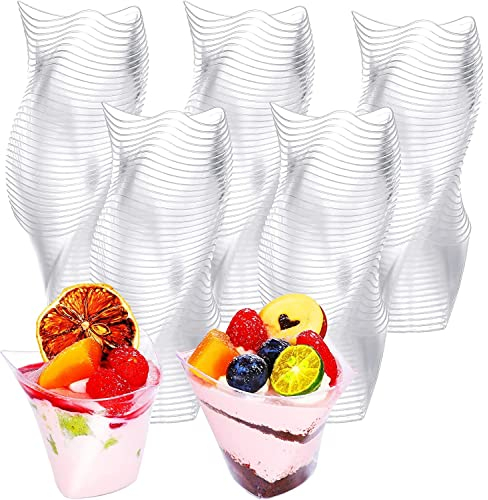 KAHEIGN 50 Piezas Mini Tazas de Postre, 150ml Vasos de Postre Remolino Grande de Plástico Copa de Aperitivo de Parfait Transparente Tazón para Servir Reutilizable para Mousse Pudín (8,9 x 7,6cm)