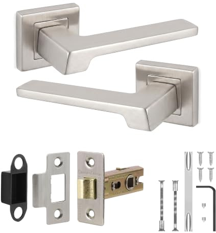 Decoranddecor Brushed Chrome Door Handles Internal with Tubular Latch | Door Handles with Latch Set, Internal Door Handles, Interior Door Handles, Silver Door Handles, Handle Set, Lever on Rose