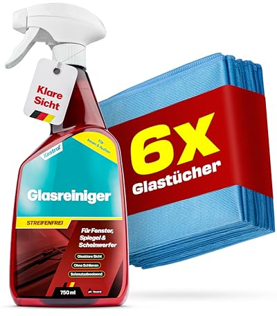 KESTRAL Auto Glasreiniger & 6x Glasreinigungstücher Set - Streifenfreie Reinigung ohne Schlieren - Für Innen & Außen - Glasklare Sicht für Fenster, Spiegel & Scheinwerfer - Made in Germany