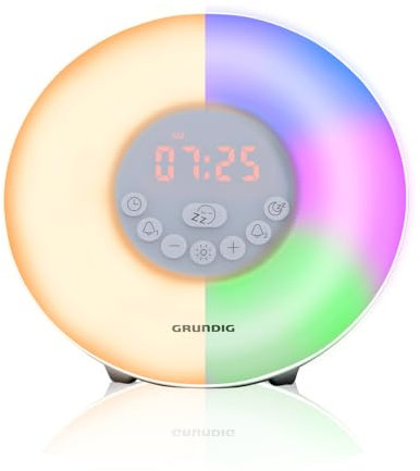 Grundig Lichtwecker mit FM-Radio - Tageslichtwecker mit 10 natürlichen Klängen - Wecker mit Farbwechsel-LED und Zonsopgangsimulation - Schlummer- und Timerfunktion, Weiß