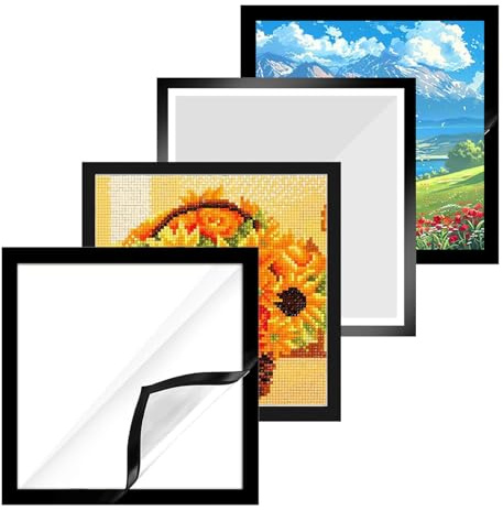 Huamirra Ensemble de Cadres Magnétiques, 4 Pièces Noir Cadres de Peinture en Diamant, 30 x 30cm Cadre Autocollant, Cadre Photo avec Fermeture Magnétique, Cadre Carré Losange, Décoration Murale